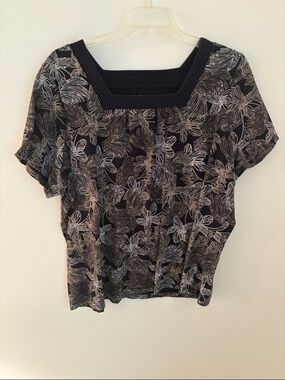 croft & barrow Black Floral Square-Neck Blouse with Metallic Detail